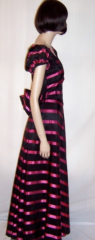 Early 1940's, Striking Black & Magenta Taffeta Striped Gown For Sale 2