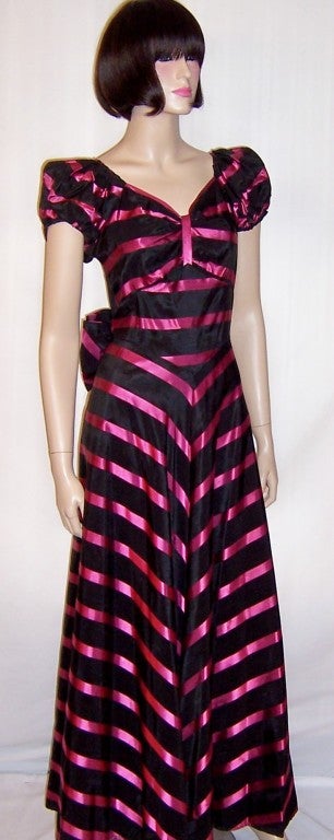 Early 1940's, Striking Black & Magenta Taffeta Striped Gown For Sale 3