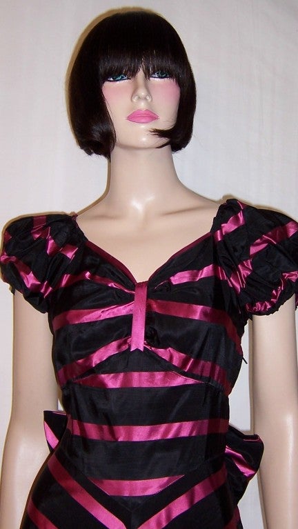 Early 1940's, Striking Black & Magenta Taffeta Striped Gown For Sale 4