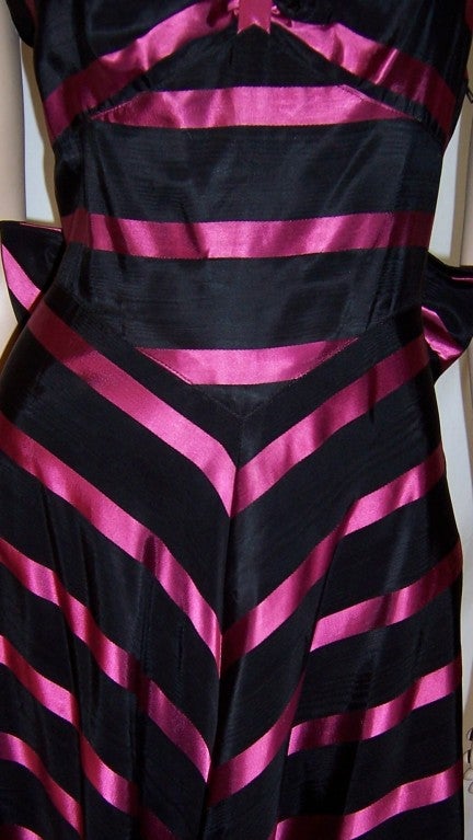 Early 1940's, Striking Black & Magenta Taffeta Striped Gown For Sale 5