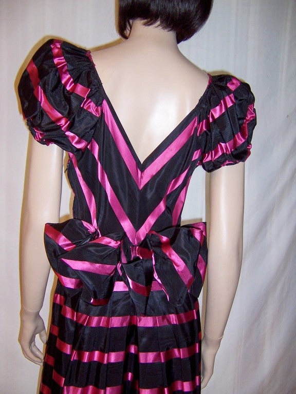 Early 1940's, Striking Black & Magenta Taffeta Striped Gown For Sale 6