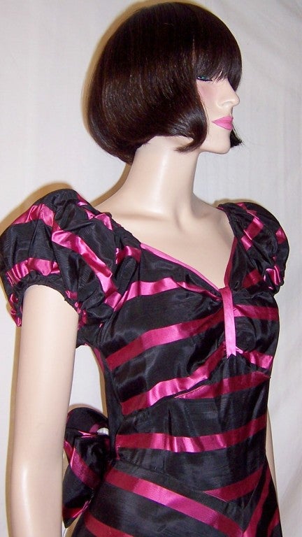 Early 1940's, Striking Black & Magenta Taffeta Striped Gown For Sale 7