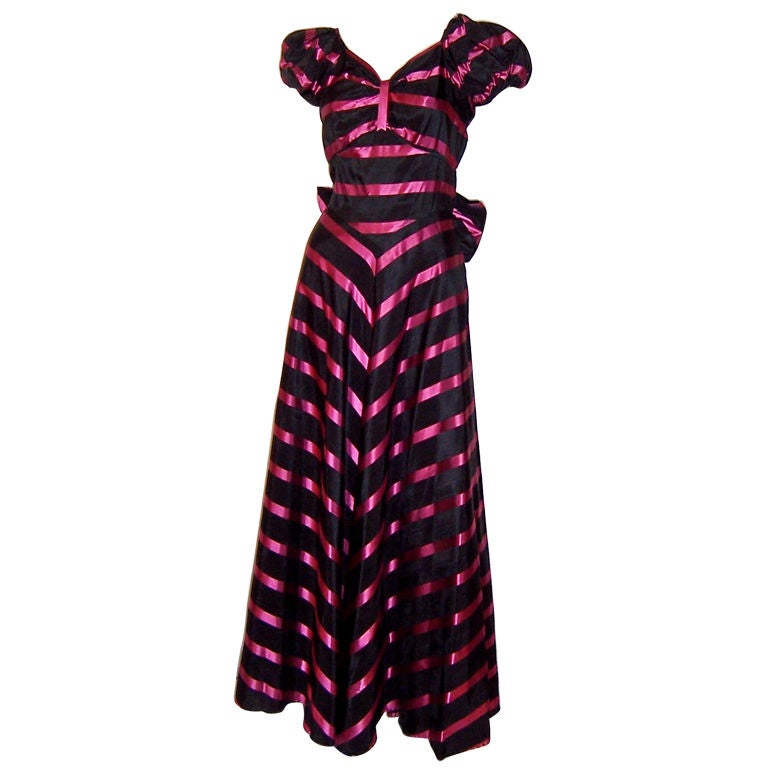 Early 1940's, Striking Black & Magenta Taffeta Striped Gown For Sale