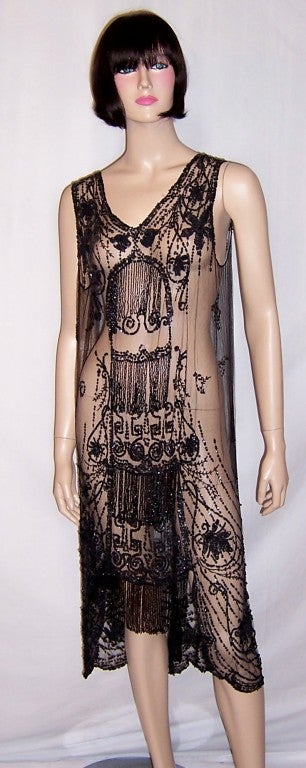 Striking 1920's, Black Sequined & Beaded Dress on Black Net