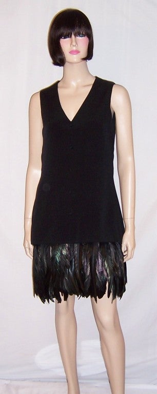 Offered for sale is this stunning, 1960's vintage, little black sleeveless dress with iridescent, long tail coque feathered trim. This unique and simple dress has a flattering V-neckline, decorative fabric covered buttons down the front of the