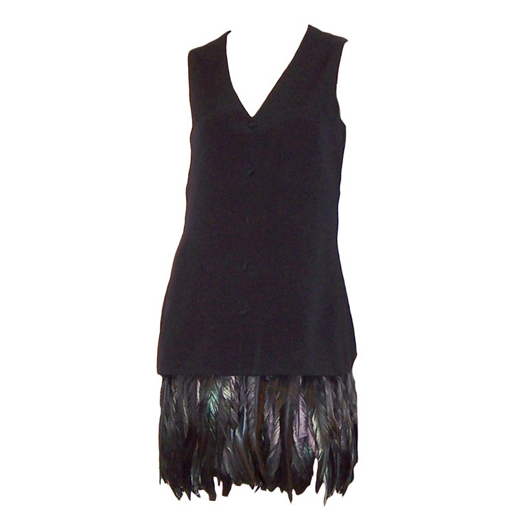 Stunning 1960's Little Black Dress with Coque Feathered Trim For Sale