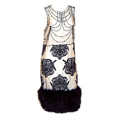 Retro 1960's Dramatic White & Black Beaded Dress with Feathered Trim