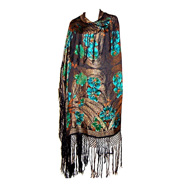 1920's Vibrant Art Deco Shawl in Green, Black, and Gold Lame For Sale