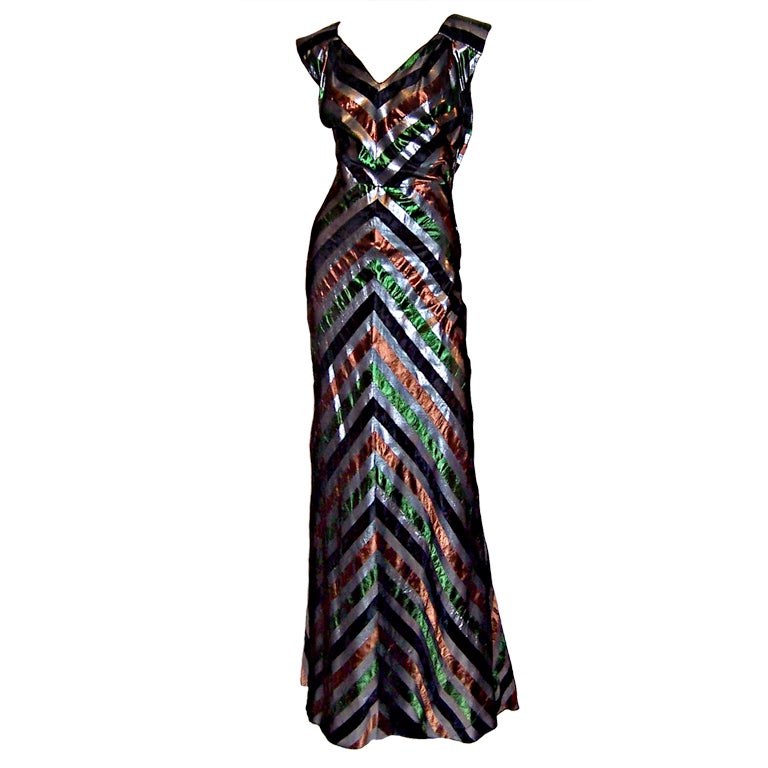 1930's Chevron Striped Taffeta and Lame Gown at 1stDibs