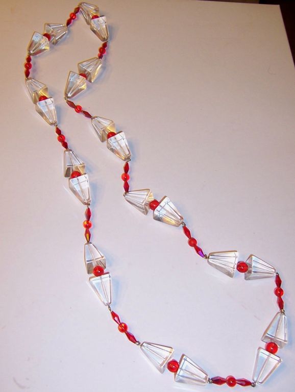 Lucite and Red Glass Beaded Necklace