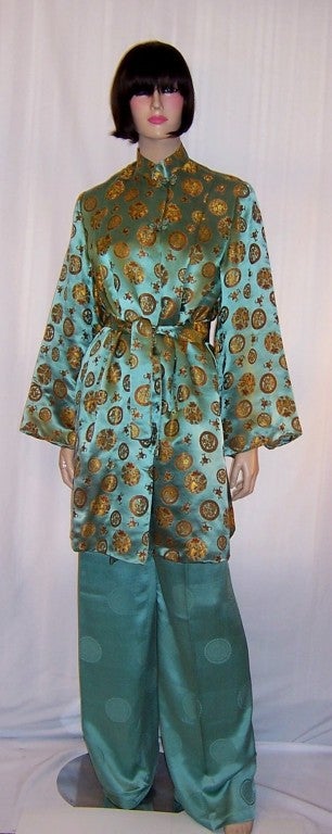 Luxurious Mint Green & Gold Chinese Silk Lounging Outfit