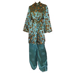 Vintage Luxurious Mint Green & Gold Chinese Silk Lounging Outfit
