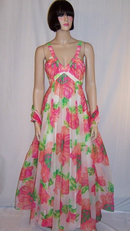 RoseTaft Painterly Floral Printed Gown with Matching Stole