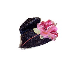 Dramatic, Hand-Made Shiny Black Straw Hat with Pink Roses