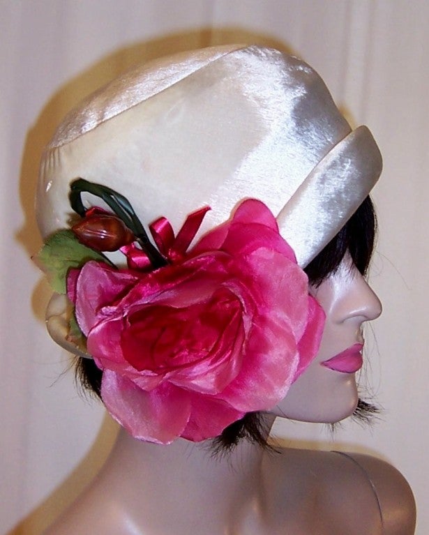 Women's Handsome White Silk Velvet Cloche with Oversized Rose & Bud For Sale