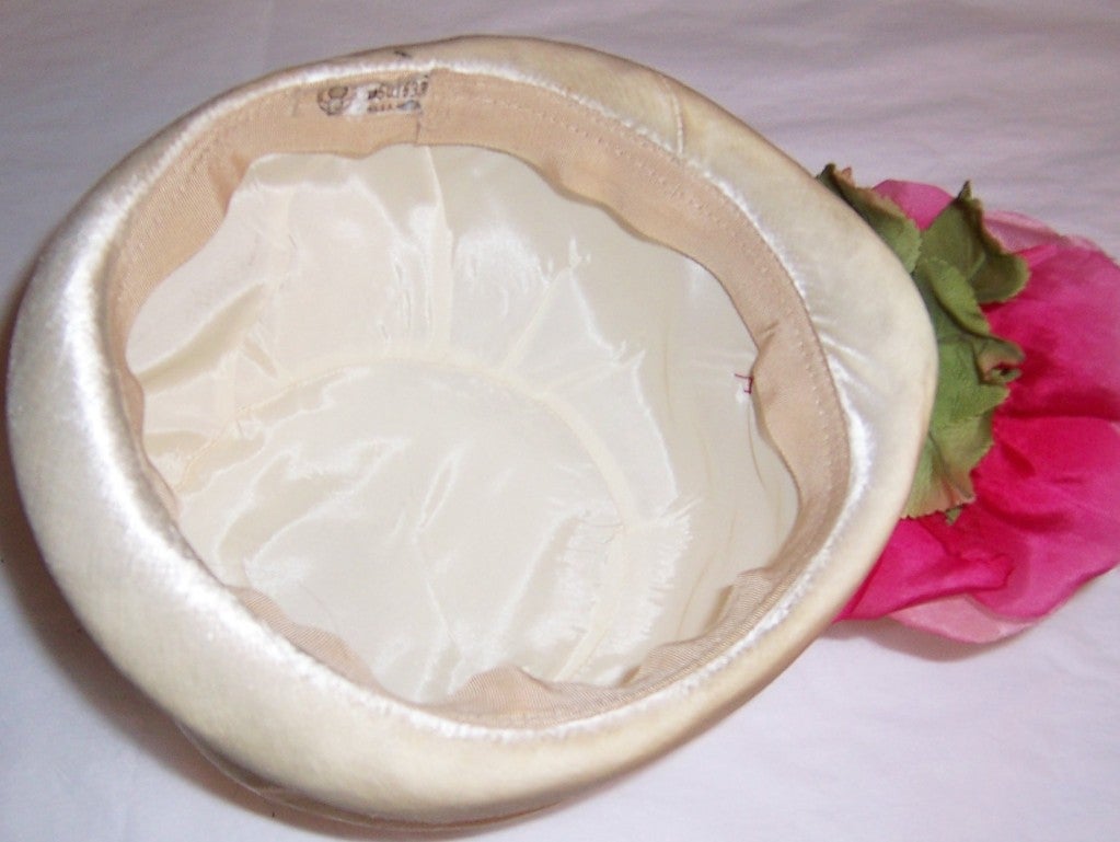 Handsome White Silk Velvet Cloche with Oversized Rose & Bud For Sale 4