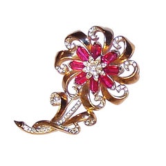 Large Floral Rhinestone Brooch with Gold Wash Over Silver