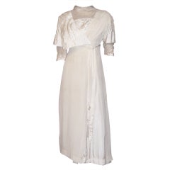 Antique White Silk Edwardian Gown with Napoleonic Revival Influences