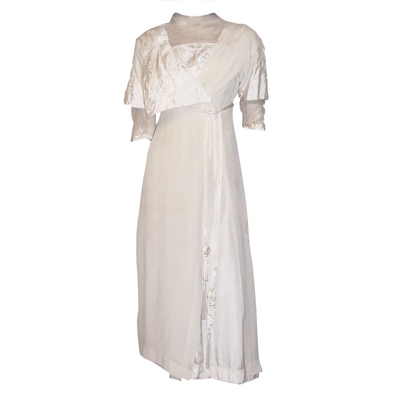 White Silk Edwardian Gown with Napoleonic Revival Influences For Sale