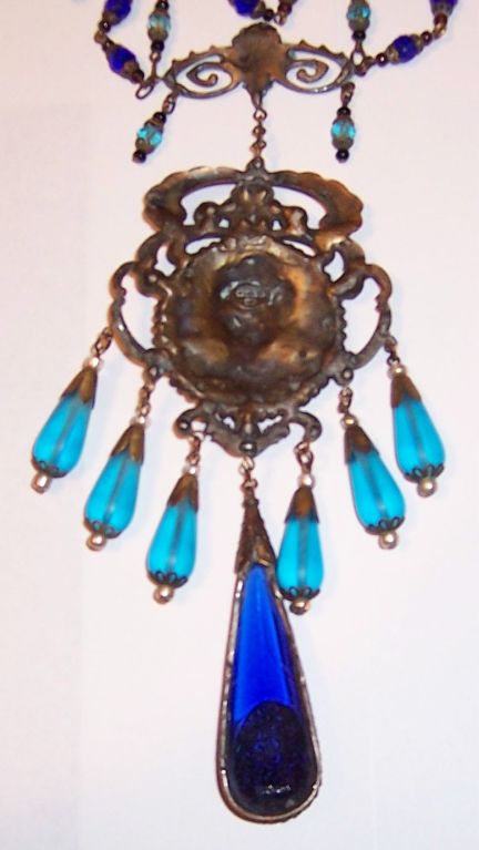 Czechoslovakian Turquoise/Cobalt Blue Bib Necklace For Sale 2