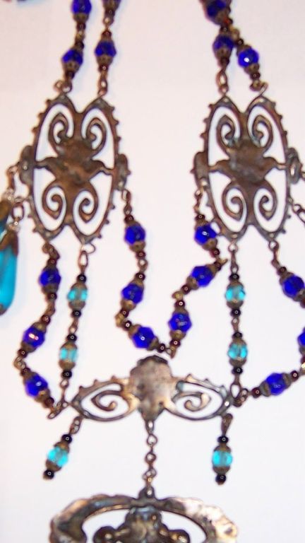 Czechoslovakian Turquoise/Cobalt Blue Bib Necklace For Sale 3