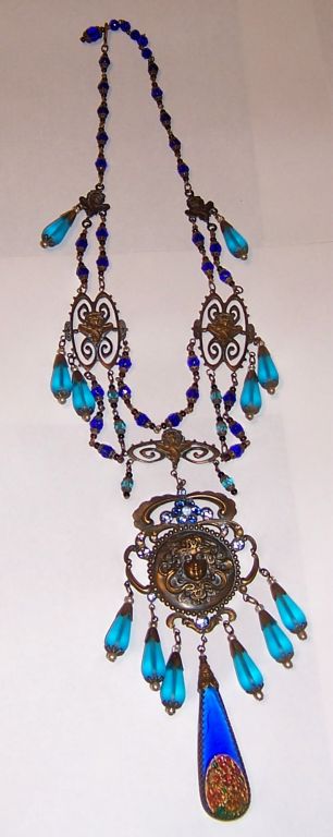 Czechoslovakian Turquoise/Cobalt Blue Bib Necklace For Sale 4