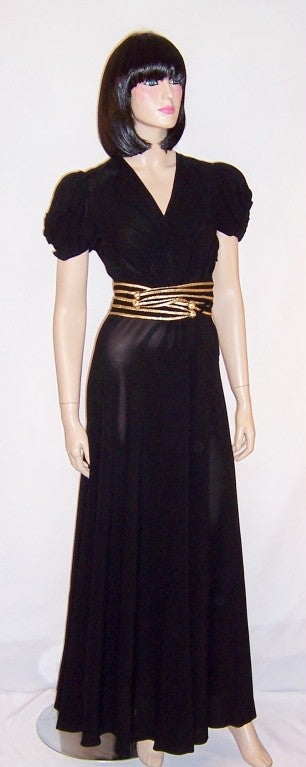 Fabulous Forties Black Crepe Gown with Gold Braided Belt