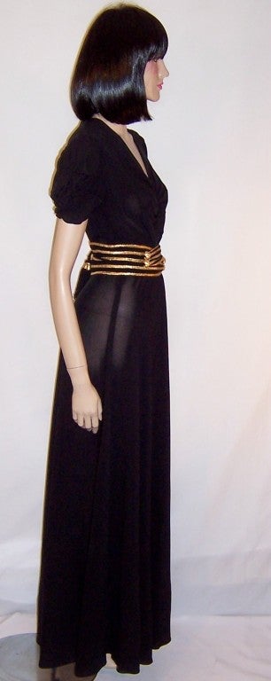 Fabulous Forties Black Crepe Gown with Gold Braided Belt In Excellent Condition For Sale In Oradell, NJ