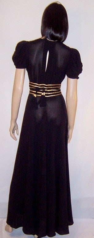 Women's Fabulous Forties Black Crepe Gown with Gold Braided Belt For Sale