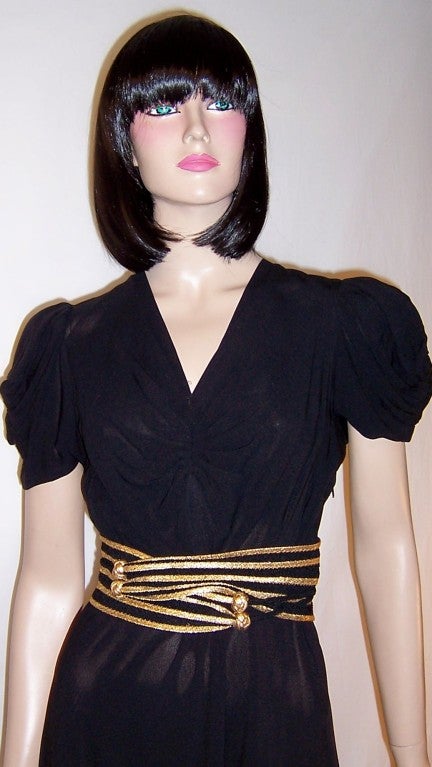 Fabulous Forties Black Crepe Gown with Gold Braided Belt For Sale 2