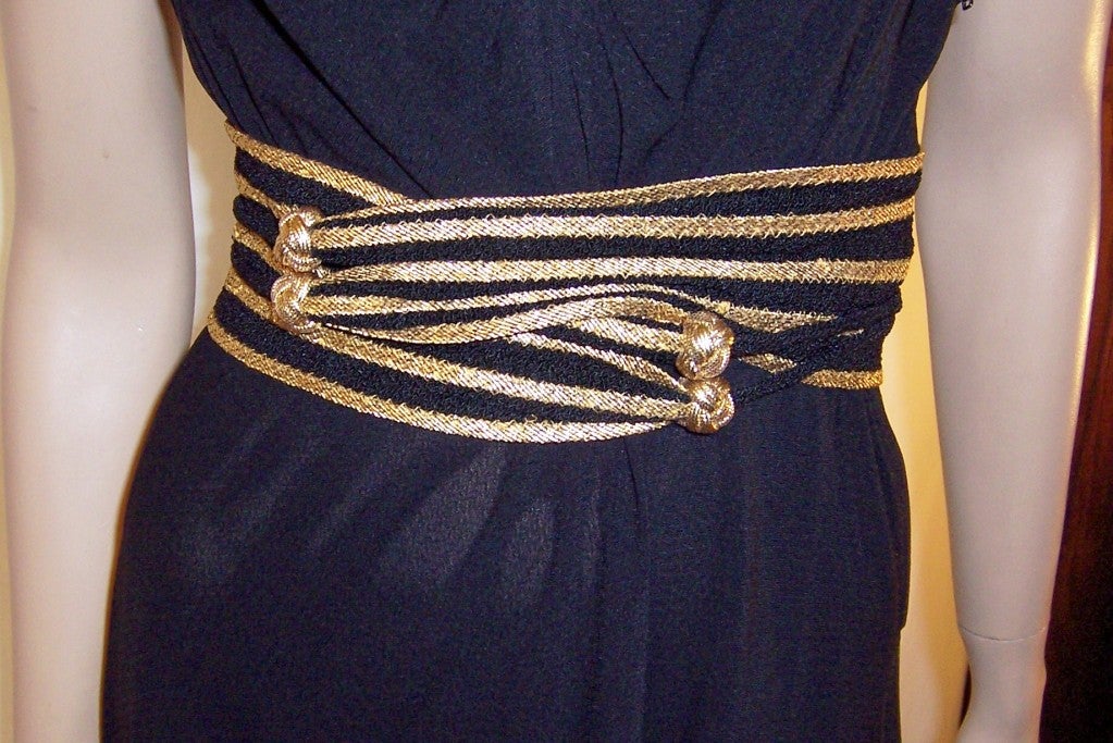 Fabulous Forties Black Crepe Gown with Gold Braided Belt For Sale 3