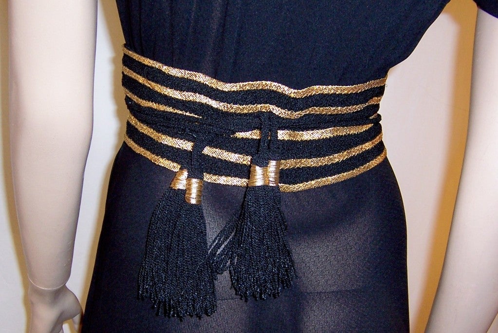 Fabulous Forties Black Crepe Gown with Gold Braided Belt For Sale 4