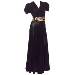 Vintage Fabulous Forties Black Crepe Gown with Gold Braided Belt