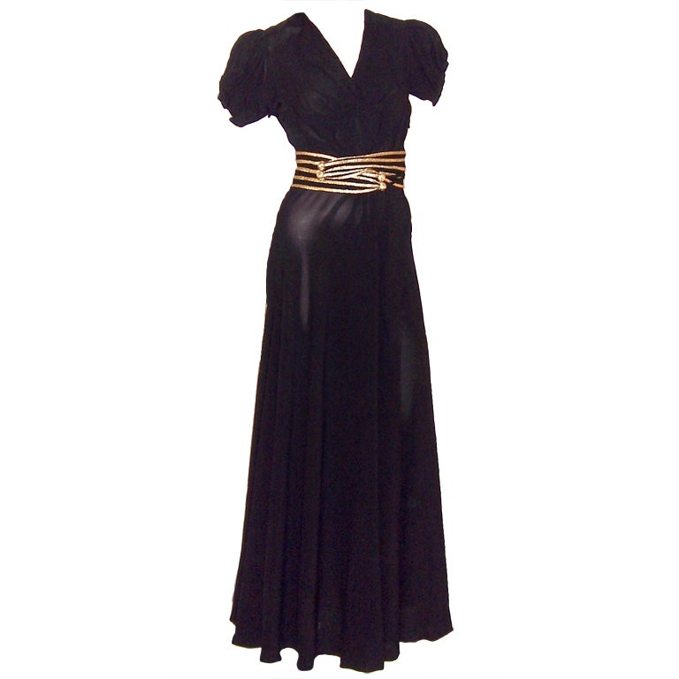Fabulous Forties Black Crepe Gown with Gold Braided Belt For Sale
