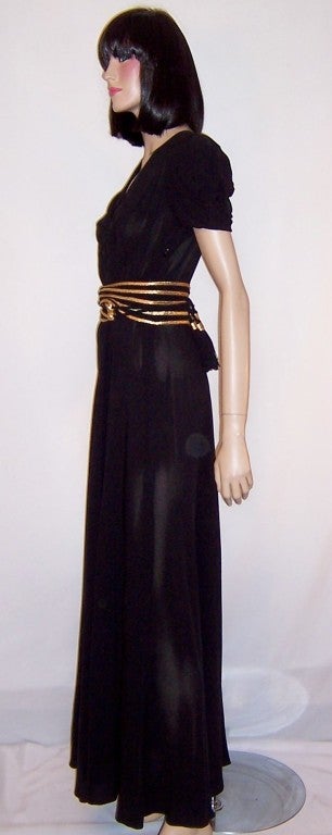 Fabulous Forties Black Crepe Gown with Gold Braided Belt For Sale 1