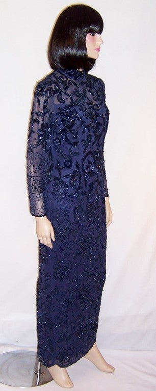 Women's Oleg Cassini Midnight Blue Beaded & Sequined Gown For Sale