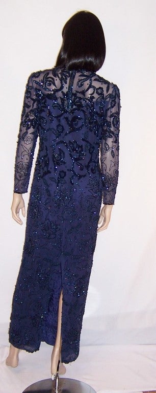 Oleg Cassini Midnight Blue Beaded & Sequined Gown For Sale 1