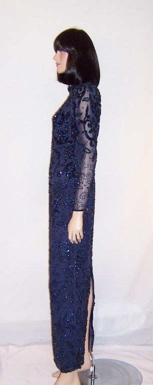 Oleg Cassini Midnight Blue Beaded & Sequined Gown For Sale 2
