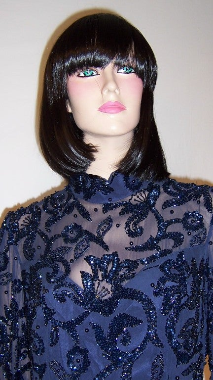 Oleg Cassini Midnight Blue Beaded & Sequined Gown For Sale 3