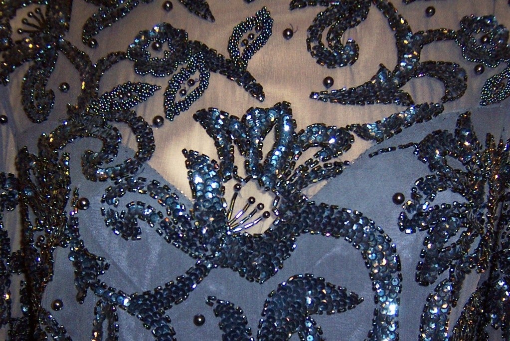Oleg Cassini Midnight Blue Beaded & Sequined Gown For Sale 4