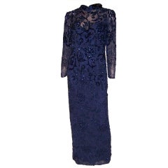 Vintage Oleg Cassini Midnight Blue Beaded & Sequined Gown