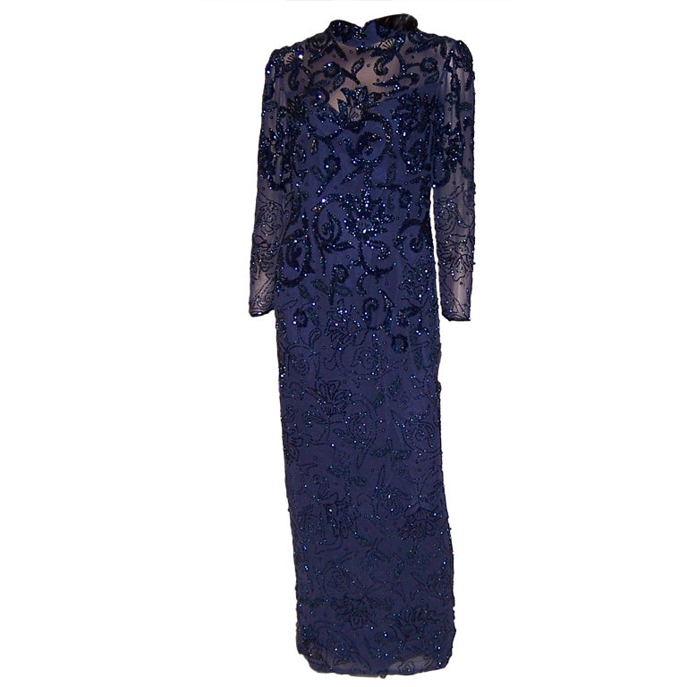 Oleg Cassini Midnight Blue Beaded & Sequined Gown For Sale