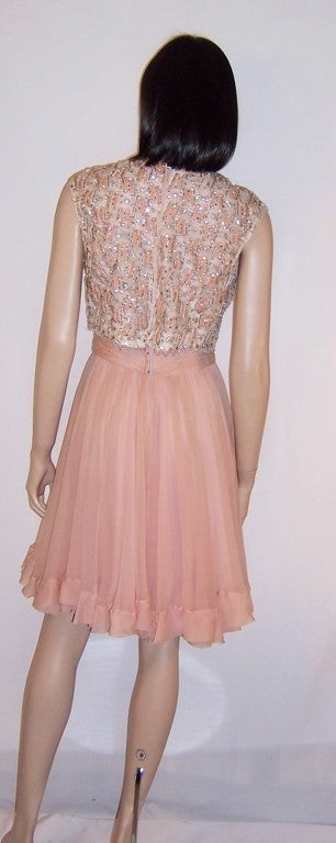Women's Flirty Pink Chiffon 1960's Cocktail Dress with Beaded Bodice For Sale