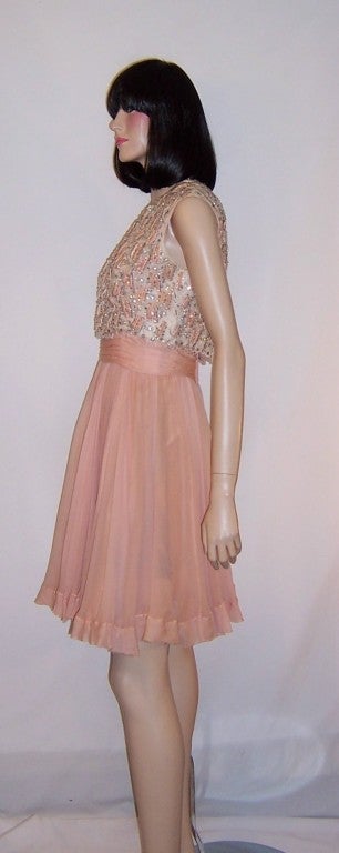 Flirty Pink Chiffon 1960's Cocktail Dress with Beaded Bodice For Sale 1