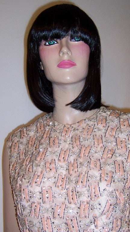 Flirty Pink Chiffon 1960's Cocktail Dress with Beaded Bodice For Sale 2