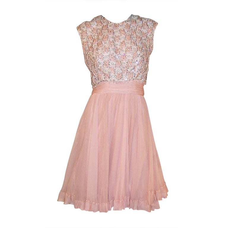 Flirty Pink Chiffon 1960's Cocktail Dress with Beaded Bodice For Sale
