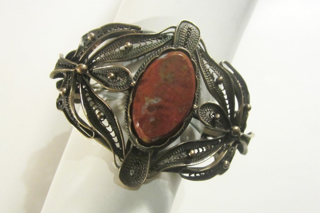 Bronze-Colored Filigree Cuff Bracelet with Jasper Center Gemstone