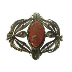 Bronze-Colored Filigree Cuff Bracelet with Jasper Center Gemstone