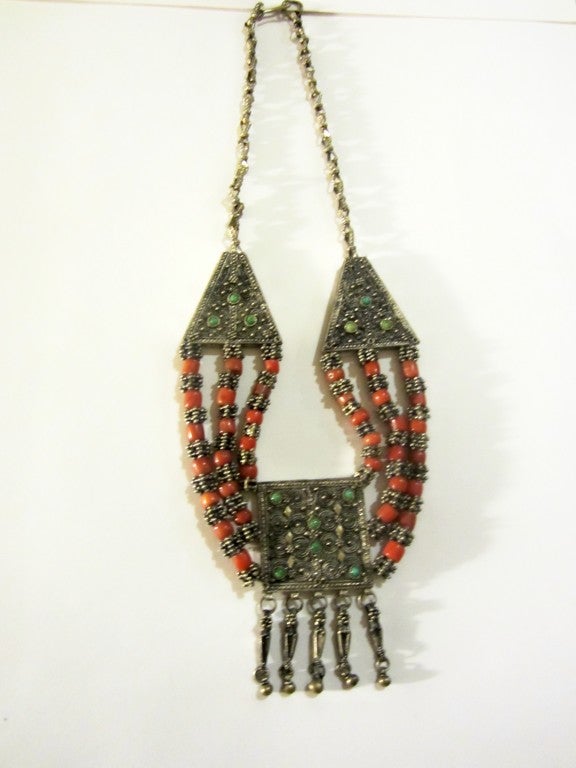Ethnic Necklace from Yemen of Silver, Coral, & Turquoise