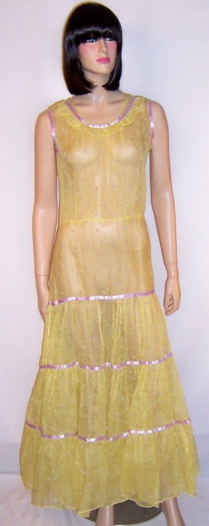 1930's Yellow Embroidered Organdy Summertime Gown